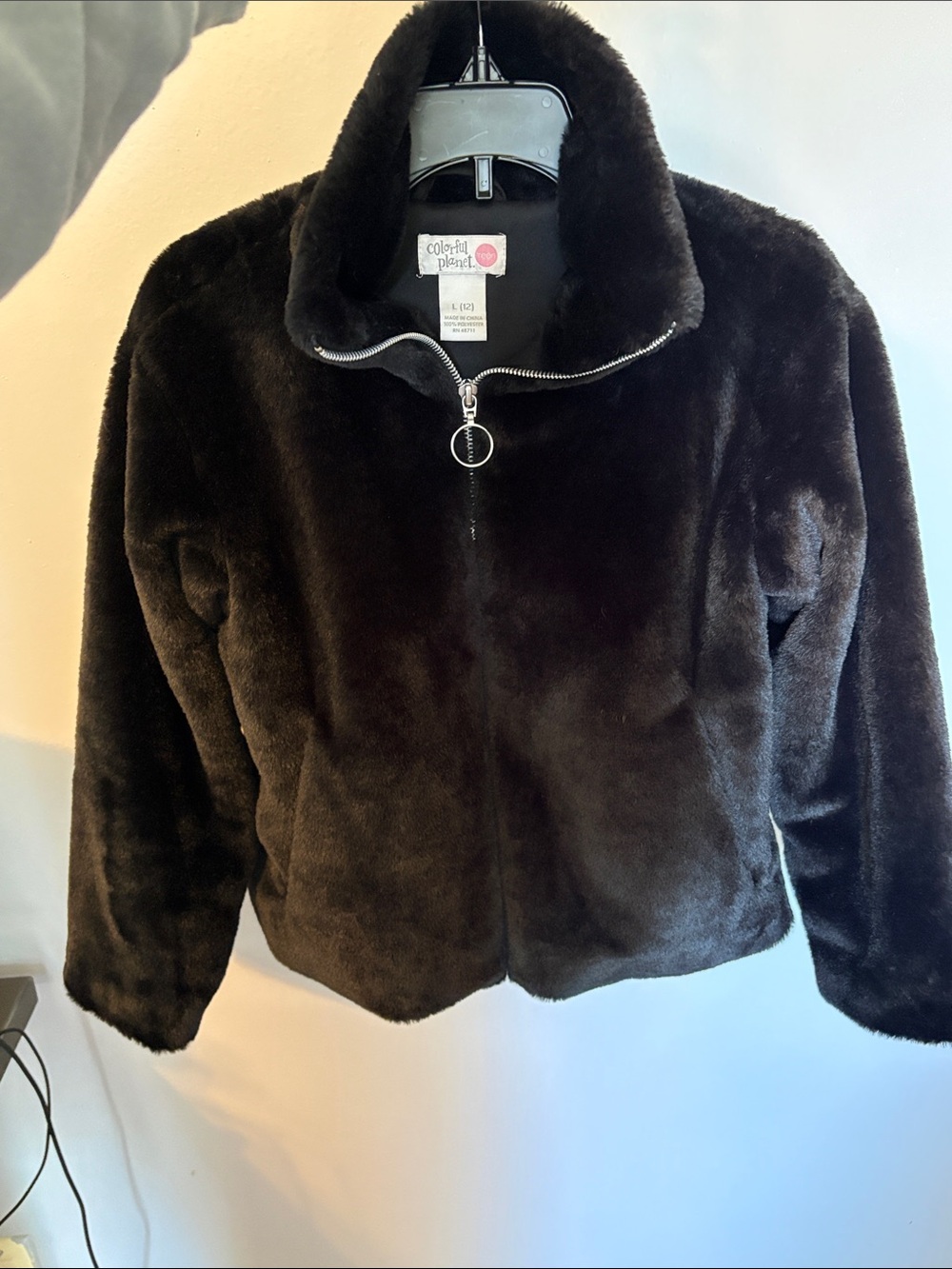 Girl black Planet Black Faux Fur Jacket Size 10/12 Large - good condition
